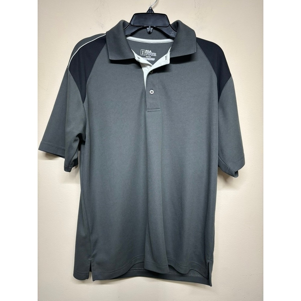PGA Tour Polo Shirt Mens Medium Gray Black Colorblock Performance Golf‎